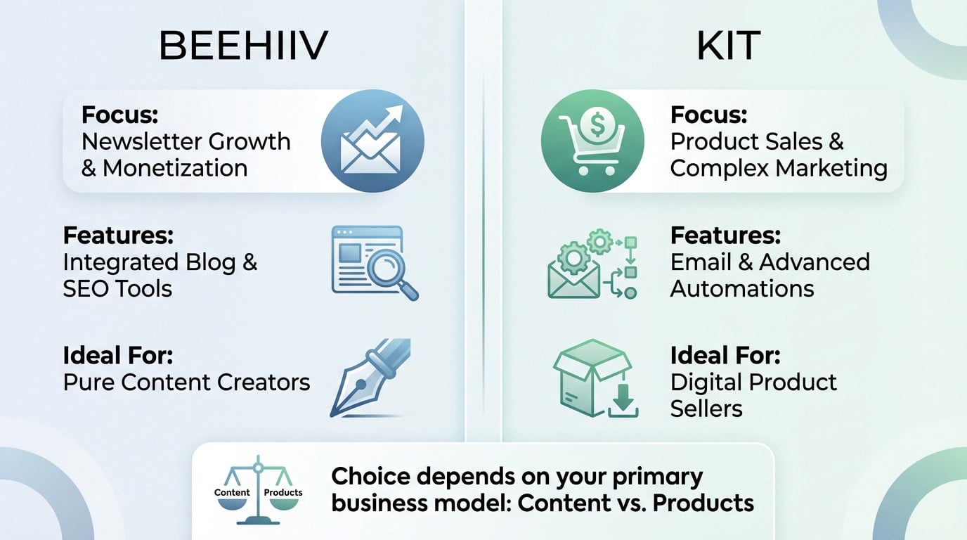 <strong>Comparison of Beehiiv's newsletter focus versus Kit's product marketing tools</strong>