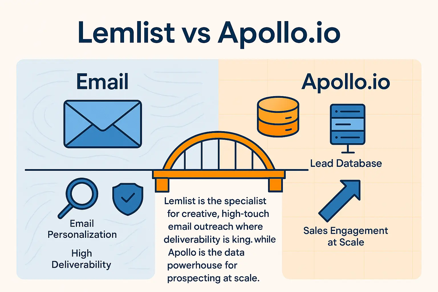 Lemlist vs Apollo comparison infographic highlighting deliverability, personalization, and database features