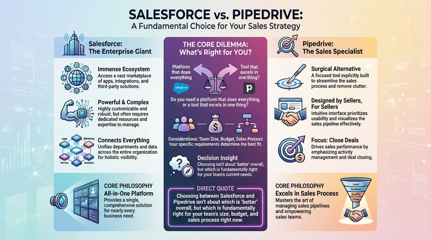 Salesforce vs Pipedrive comparison showing complexity vs simplicity for sales teams